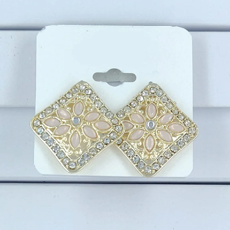 Pink Stone Earrings-Corbeda Fashion Gold Plated Stud Earrings