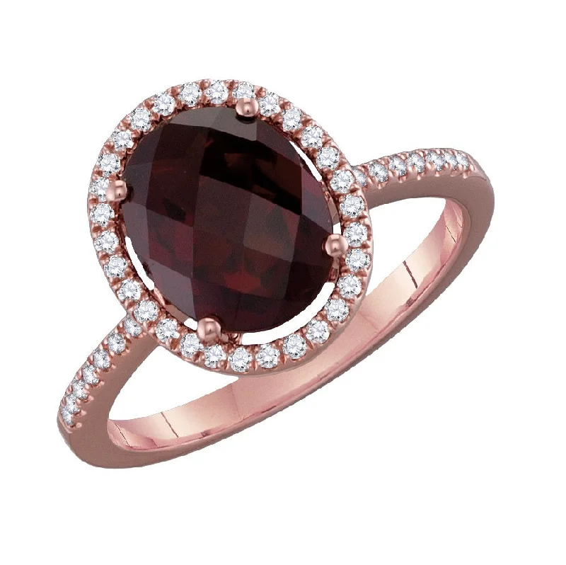 Colorful Gemstone Ring-10X8MM Oval Garnet and Diamond Halo Ring in 14KT Rose Gold