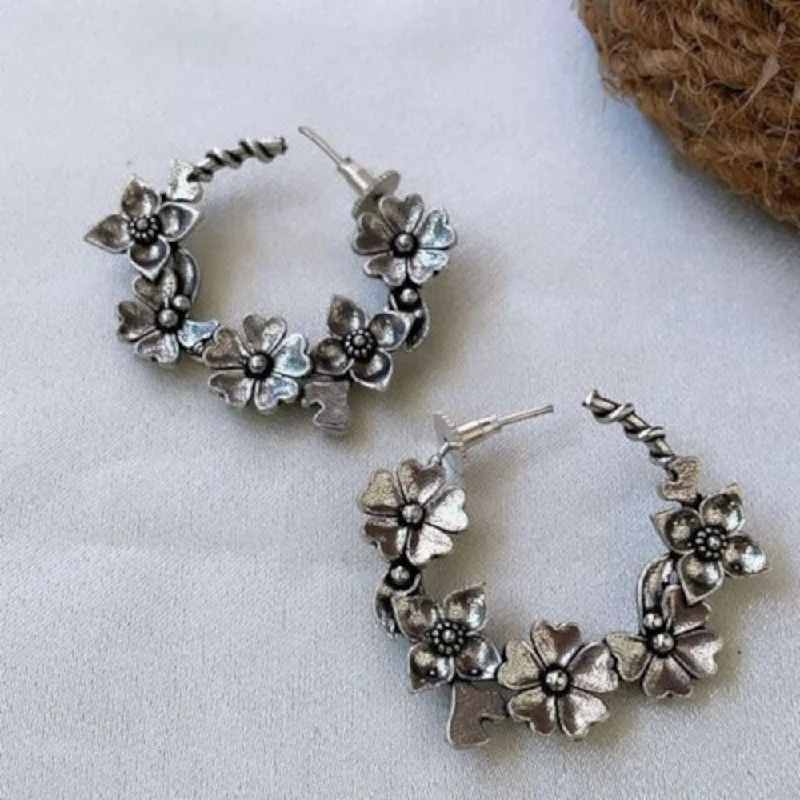 Freshwater Pearl Earrings-Bevy Pearls Oxidised Plated Floral Hoop Earrings