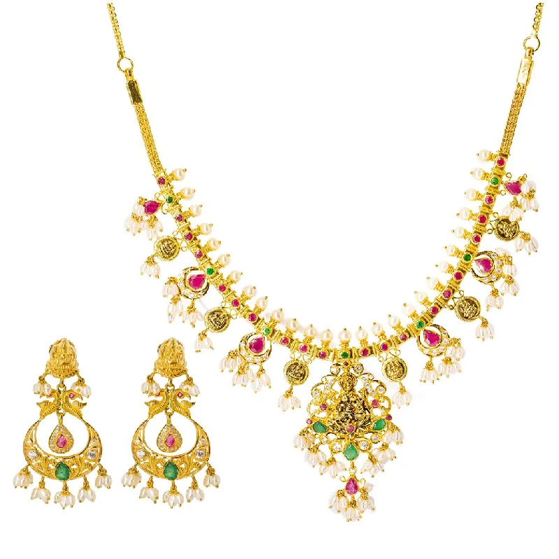 Classic Pearl Necklace-22K Yellow Gold Temple Guttapusalu Necklace Set W/ Emeralds, Rubies, CZ Gems, Pearls & Laxmi Pendant