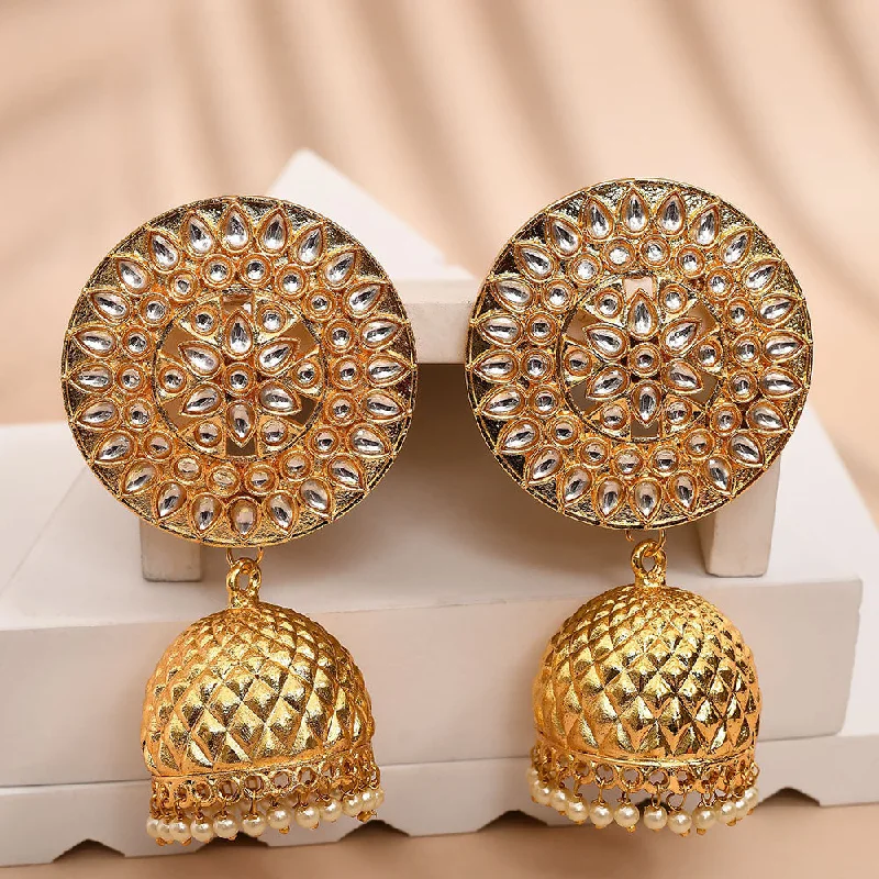 Gold Hoop Earrings for Women-Shagna Gold Plated Kundan Stone Jhumki Earrings