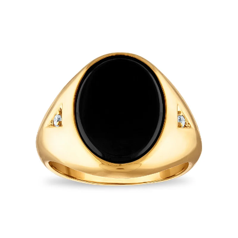 Vintage Silver Ring-16X12MM Oval Onyx and Diamond Signet Ring in 10KT Yellow Gold