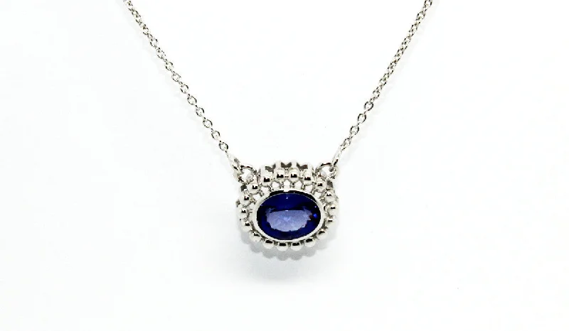 Personalized Pearl Necklace-Blue sapphire Bezel Necklace 14k & 18k White Gold