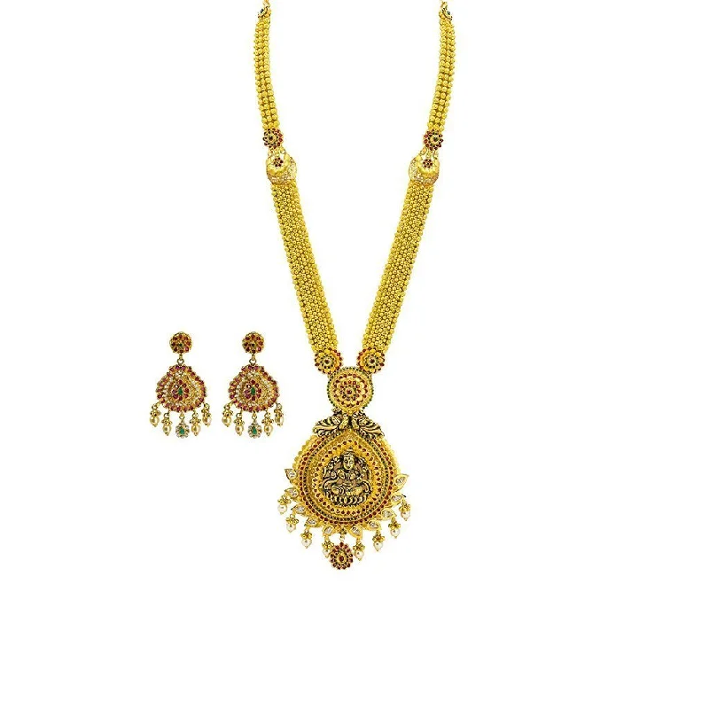 Black Diamond Necklace-22K Yellow Gold Necklace & Earrings Set W/ Ruby, Emerald, CZ & Pearls on Plunging Beaded Chain