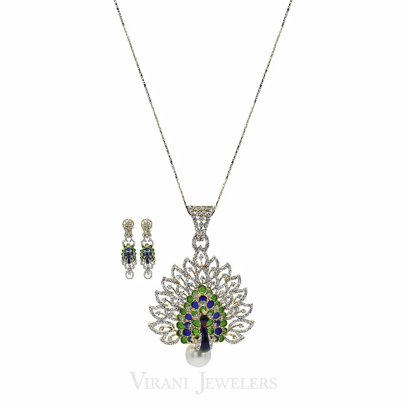 Designer Pearl Necklace-Peacock Diamond Pendant Necklace & Earring Set in 18K Gold W/ 4.51CT Round Diamonds