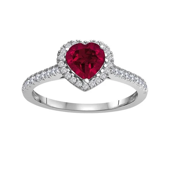 Handmade Promise Ring-6MM Heart Shape Ruby and White Sapphire Birthstone Heart Ring in 10KT White Gold