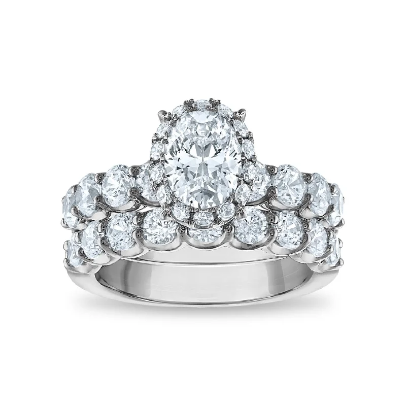 Oval Cut Diamond Ring-Signature EcoLove 3-1/2 CTW Lab Grown Diamond Halo Oval Shaped Bridal Set in 14KT White Gold