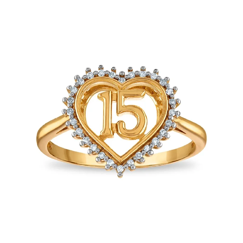 Silver Wedding Ring Set-1/12 CTW Diamond Quinceanera Heart Ring in 10KT Yellow Gold