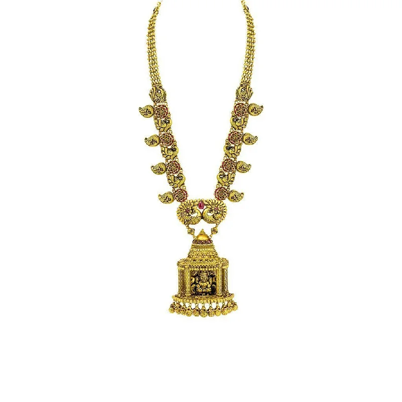 Classic Diamond Necklace-22K Yellow Gold Necklace W/ Ruby, Emerald & Large Laxmi Temple Pendant on Flower Carved Chain