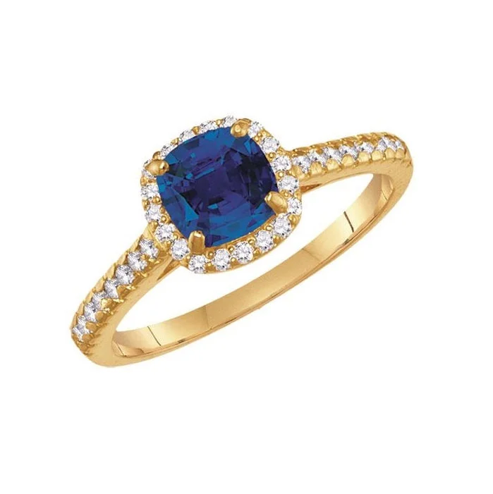 Custom Diamond Ring-6MM Cushion Blue Sapphire and White Sapphire Birthstone Ring in 10KT Yellow Gold