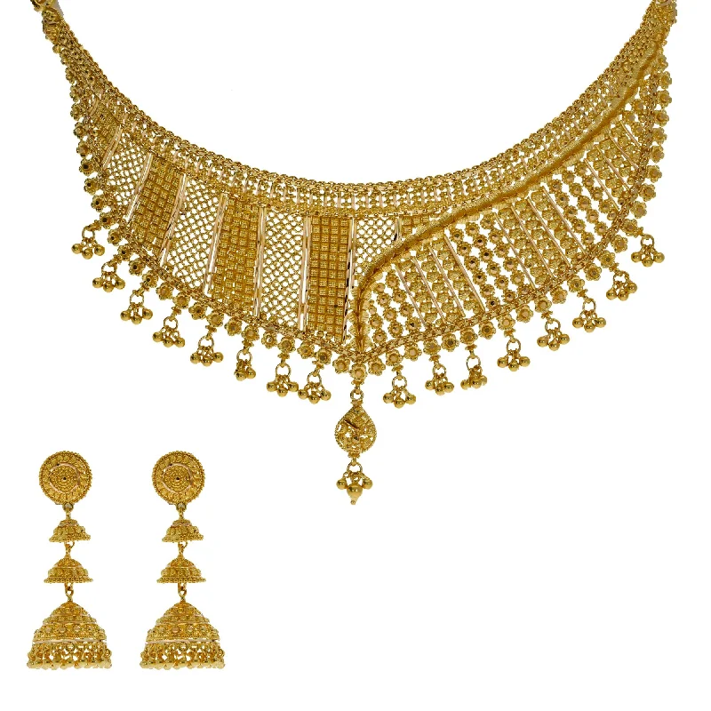 Personalized Family Necklace-22K Yellow Gold Necklace & Jhumki Earrings Set W/ Beaded Filigree & Short Bib Necklace