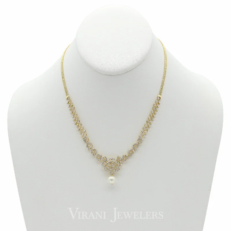 Silver Drop Necklace-1.68CT Art Deco Diamond Necklace & Earring Set in 18K Gold W/ Pearl Accent Stone