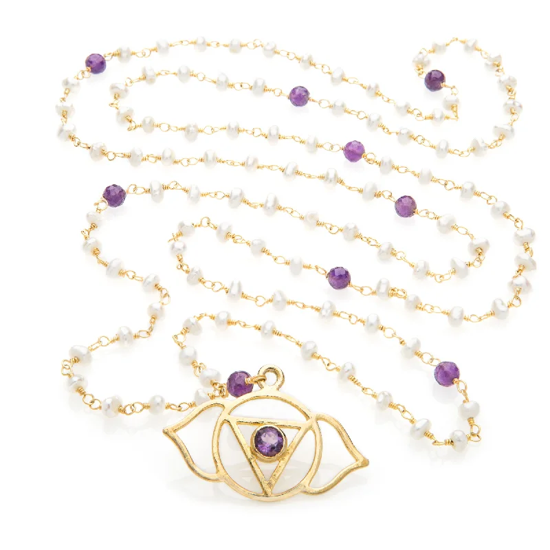 Custom Birthstone Necklace-Agya Chakra Pendant Necklace- Pearl & Amethyst