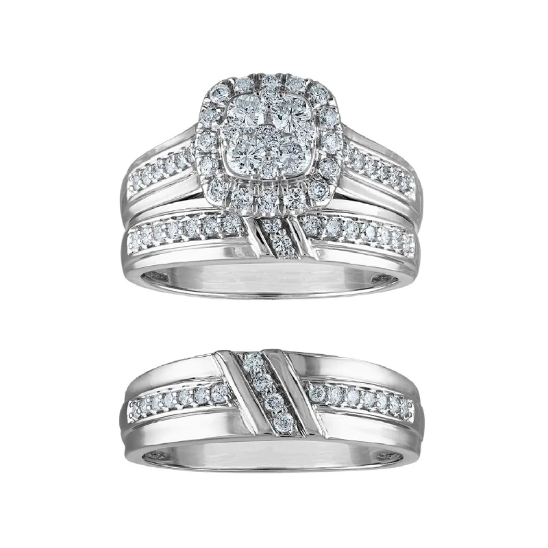 Custom Name Ring-1 CTW Diamond Halo Wedding Trio Set in 10KT White Gold