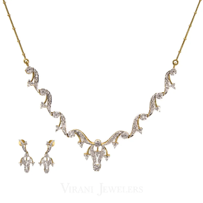 Delicate Chain Necklace-2.5CT Diamond Necklace and Earrings Set in 18K Yellow Gold W/ Floral Vine Design