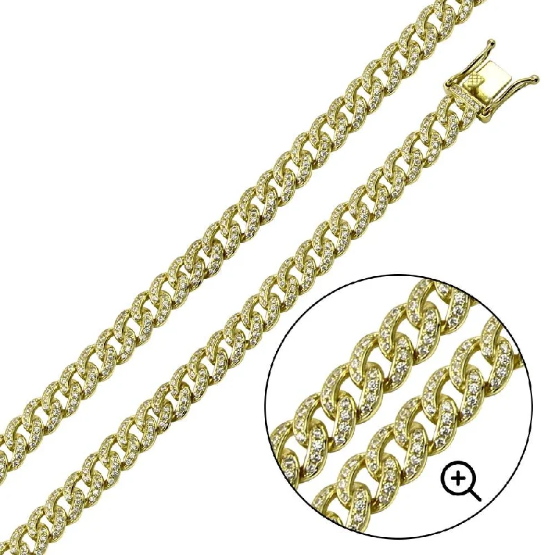 Sterling Silver Cuff Bracelet-Gold Plated 925 Sterling Silver CZ Encrusted Curb Chain or Bracelet 8.9mm - CHCZ105 GP