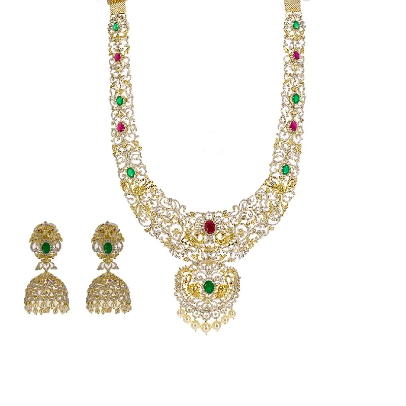 Luxury Silver Necklace-18K Yellow Gold Diamond Necklace & Earrings Set W/ 24.19ct VVS Diamonds, Rubies, Emeralds & Pearls