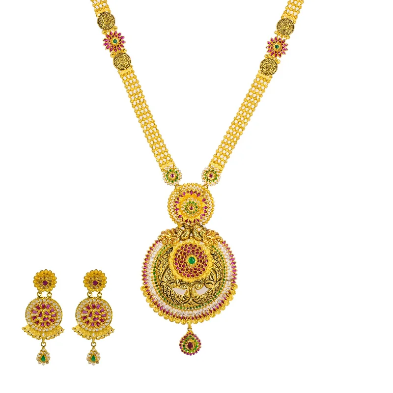 Diamond Necklace for Women-22K Yellow Antique Gold Long Necklace & Earrings Set W/ CZ, Emeralds, Rubies & Large Shield Pendant