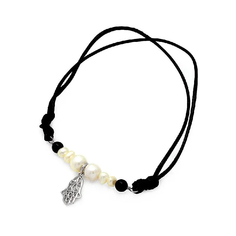 Customizable Name Bracelet-Silver 925 Rhodium Plated Pearl Black Bead Hamsa Black Cord Bracelet - STB00492