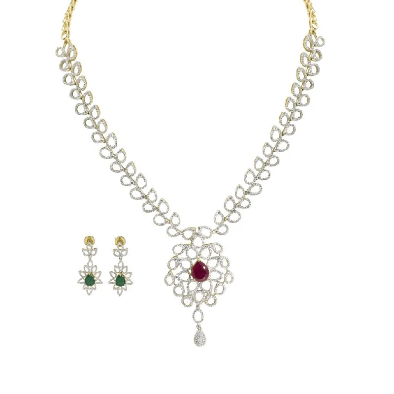 Dainty Gold Necklace-18K Multi Tone Gold Diamond Necklace & Drop Earrings Set W/ 6.27ct VVS Diamonds & Interchangeable Stone on Open Cut Leaf Frame