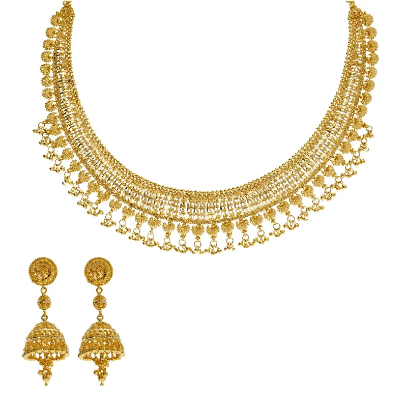 Luxury Pearl Necklace-22K Yellow Gold Necklace & Jhumki Earrings Set W/ Egyptian Collar & Seashell Accents