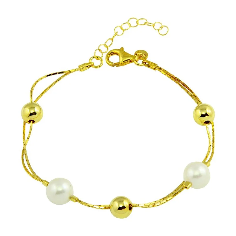 Luxury Beaded Bracelet-Gold Plated 925 Sterling Silver Bead Bracelet with Synthetic Pearl - ECB00103GP