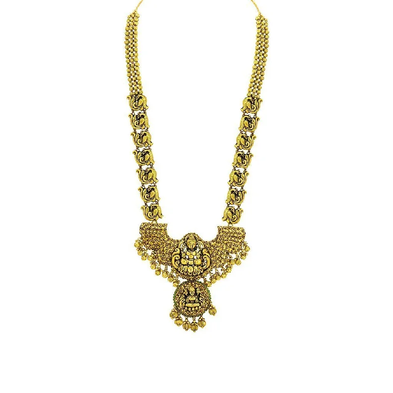 Personalized Silver Necklace-22K Yellow Gold Antique Temple Necklace W/ Ruby & Emerald on Large Winged Double Laxmi Pendant