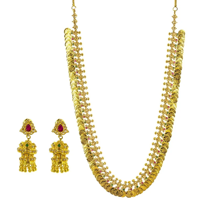 Vintage Gold Necklace-22K Yellow Gold Uncut Diamond Laxmi Necklace & Earrings Set W/ 14.15 ct Uncut Diamonds, Emeralds & Rubies