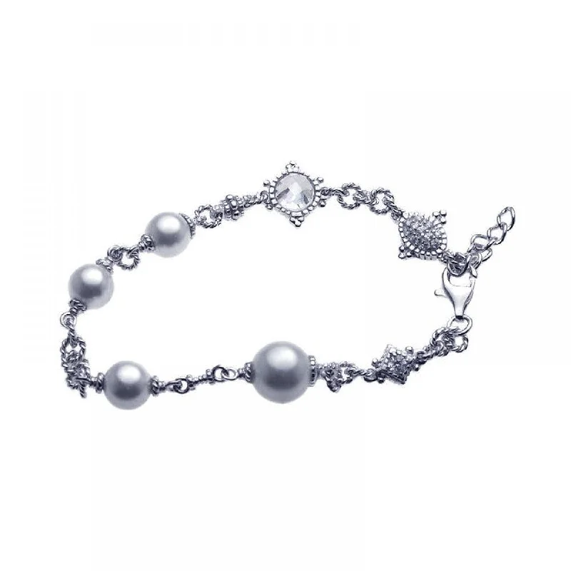 Beaded Bracelet with Charms-Silver 925 Rhodium Plated Pearl Clear CZ Bracelet - STB00374