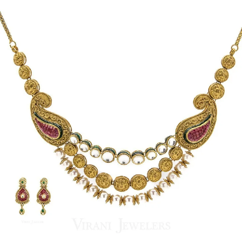 Large Pendant Gold Necklace-22K Antique Gold KundanNecklace & Earring Set W/ Pearl & Hand-Painted Accents