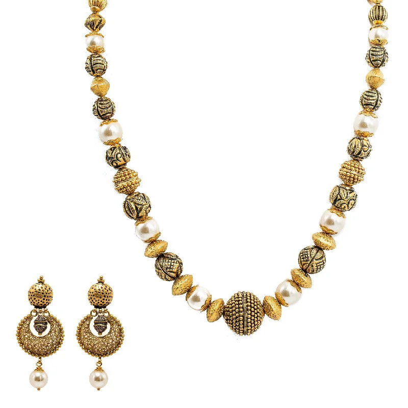 Silver Necklace with Charms-22K Yellow Gold Necklace & Chandbali Earrings Set W/ Pearls & Hallow Textured Beads