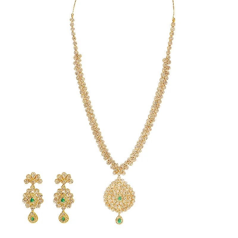 Large Stone Necklace-36.6 CT Uncut Diamond Emerald Necklace & Earring Set in 22K Gold W/Cable Link Chain