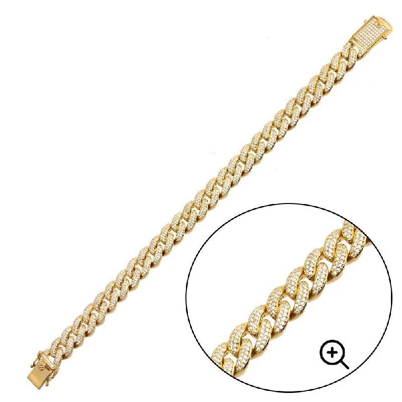 Chunky Silver Bracelet-Gold Plated 925 Sterling Silver CZ Encrusted Miami Cuban Link Bracelet 11.5mm - GMB00091GP