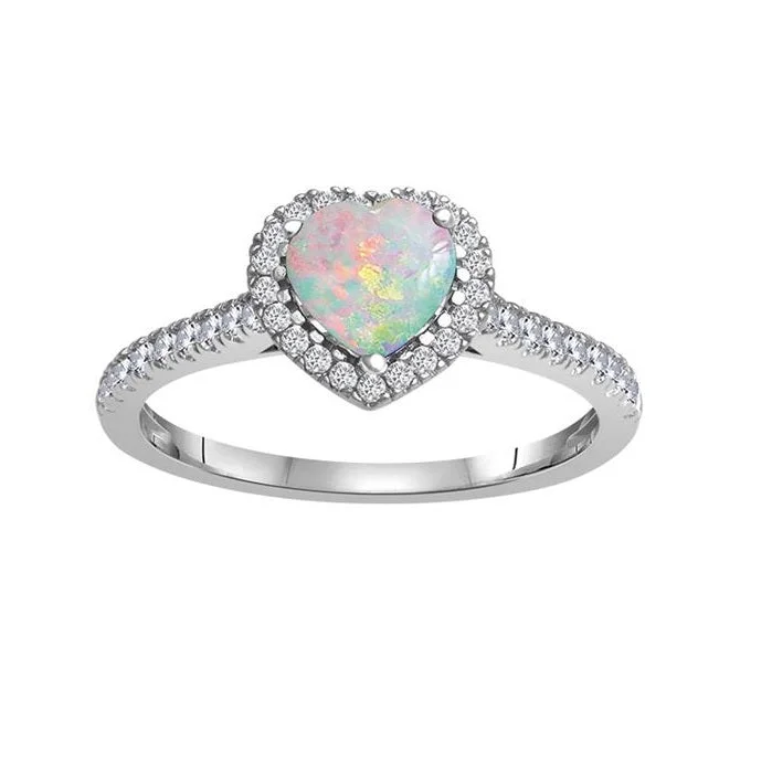 Simple Diamond Band-6MM Heart Shape Opal and White Sapphire Birthstone Heart Halo Ring in 10KT White Gold