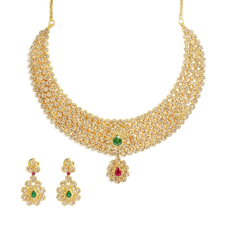 Elegant Necklace with Gemstones-22K Yellow Gold Diamond Necklace & Earrings Set W/ 38.54ct Uncut Diamonds, Rubies & Emeralds on Choker Necklace