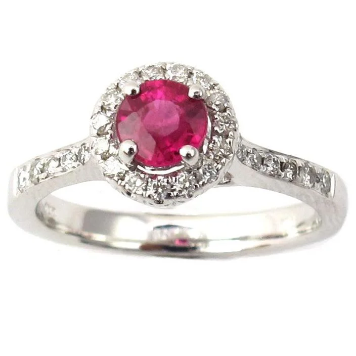 Men’s Wedding Ring with Stone-6MM Round Ruby and Diamond Ring in 14KT White Gold