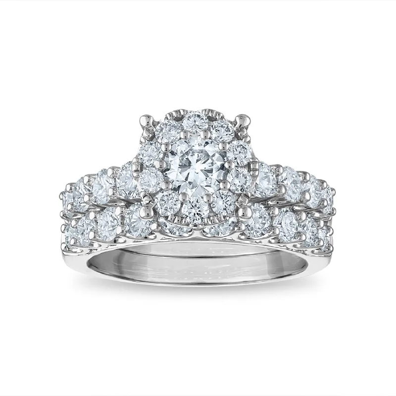 Elegant Platinum Engagement Ring-Signature EcoLove 2-1/4 CTW Lab Grown Diamond Halo Bridal Set Ring in 14KT White Gold