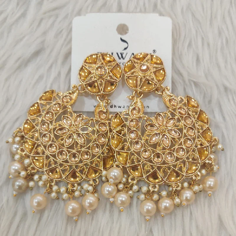 Large Gem Earrings-Dhwani Gold Plated Kundan Stone And Pearl Dangler Earrings