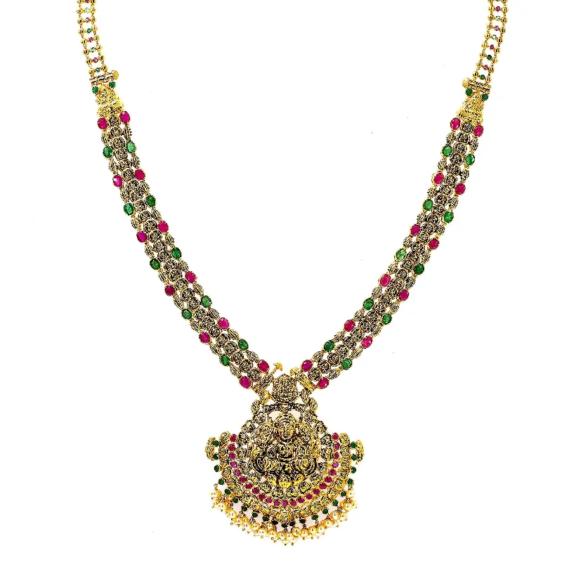 Silver Necklace with Charms-22K Yellow Antique Gold Laxmi Necklace W/ Emeralds, Rubies, Pearls & Beaded Adjustable Drawstring Closure