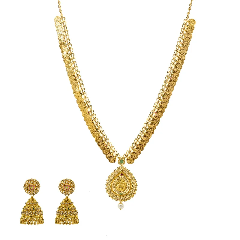 Elegant Necklace with Gemstones-22K Gold & Uncut Diamond Kasu Necklace Set