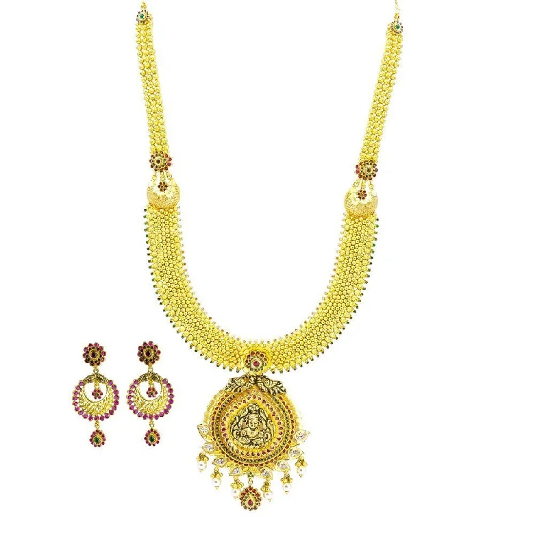 Bridal Necklace Set-22K Yellow Gold Necklace & Earrings Set W/ CZ, Ruby, Emerald, Pearls & Laxmi Pendant on U-Shaped Beaded Chain