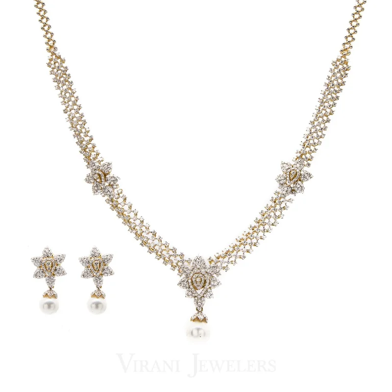 Casual Bead Necklace-8.74CT VVS Diamond Necklace & Earring Set in 18K Gold W/ Floral Accent Design