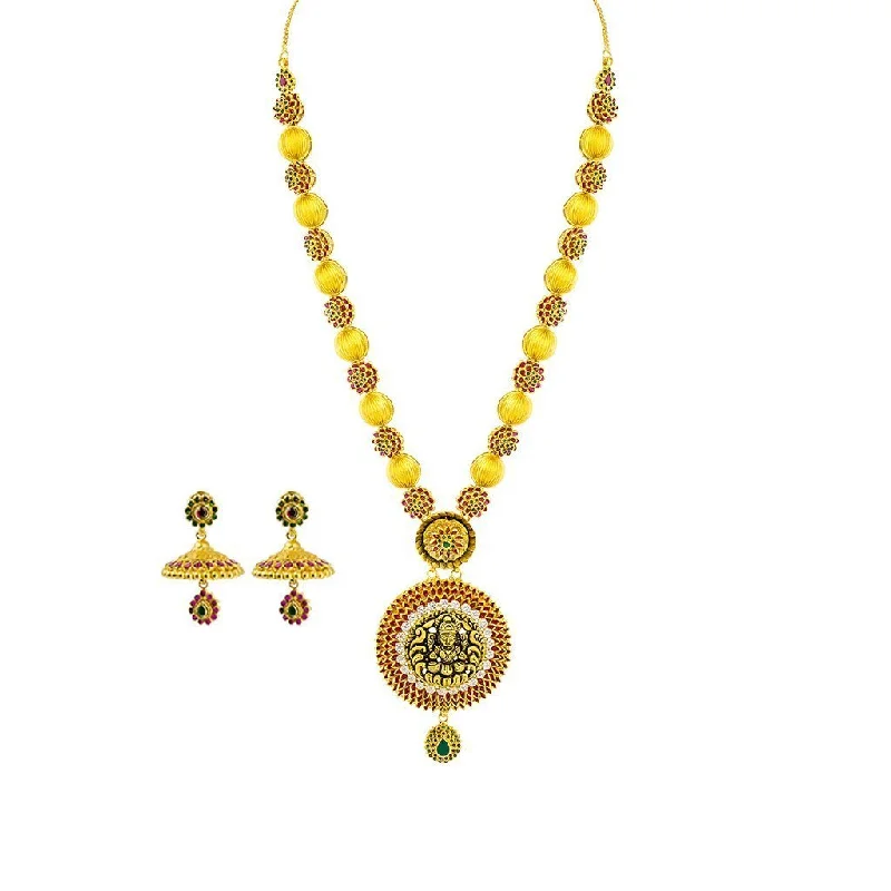 Custom Name Necklace-22K Yellow Gold Necklace & Jhumki Earrings Set W/ CZ, Ruby, Emerald, Ornate Laxmi Pendant & Floral Accent Chain