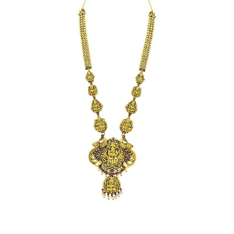 Modern Chain Necklace-22K Yellow Gold Antique Necklace W/ Ruby & Pearl on Full Laxmi Pendant Design