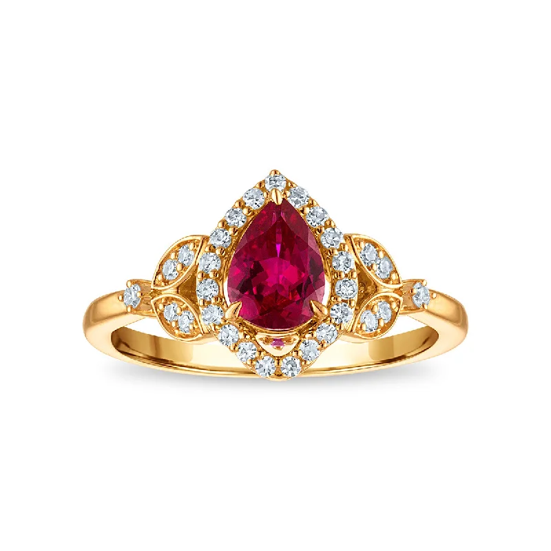 Men’s Wedding Band with Diamonds-LoveSong EcoLove Pear Ruby and Lab Grown Diamond Halo Ring in 10KT Yellow Gold