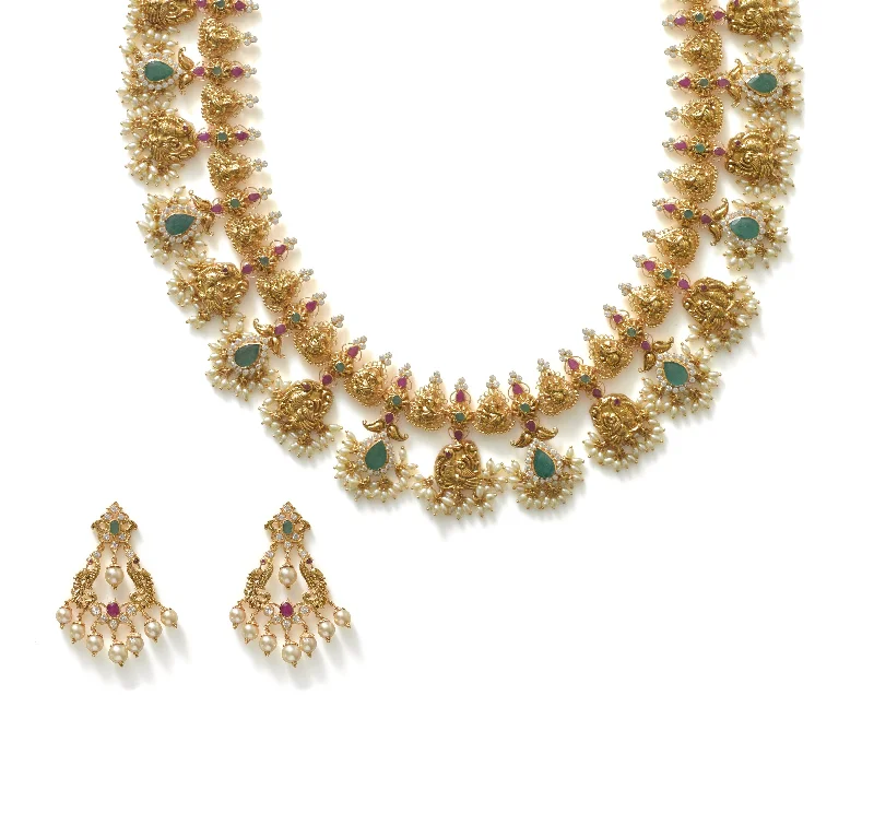 Beaded Necklace for Women-22K Yellow Gold Guttapusalu Necklace & Earrings Set W/ Pearls, Rubies, Emeralds, CZ Polki & Lord Ganesh Accents