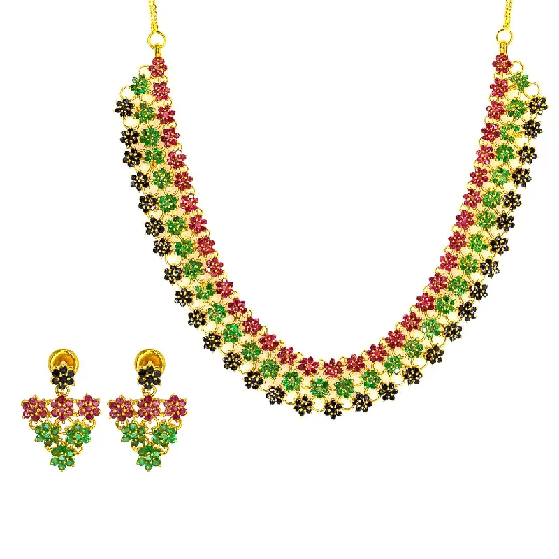 Initial Necklace for Women-22K Yellow Gold Necklace & Earrings Set W/ Emeralds, Rubies, Black Sapphires & Floral Display