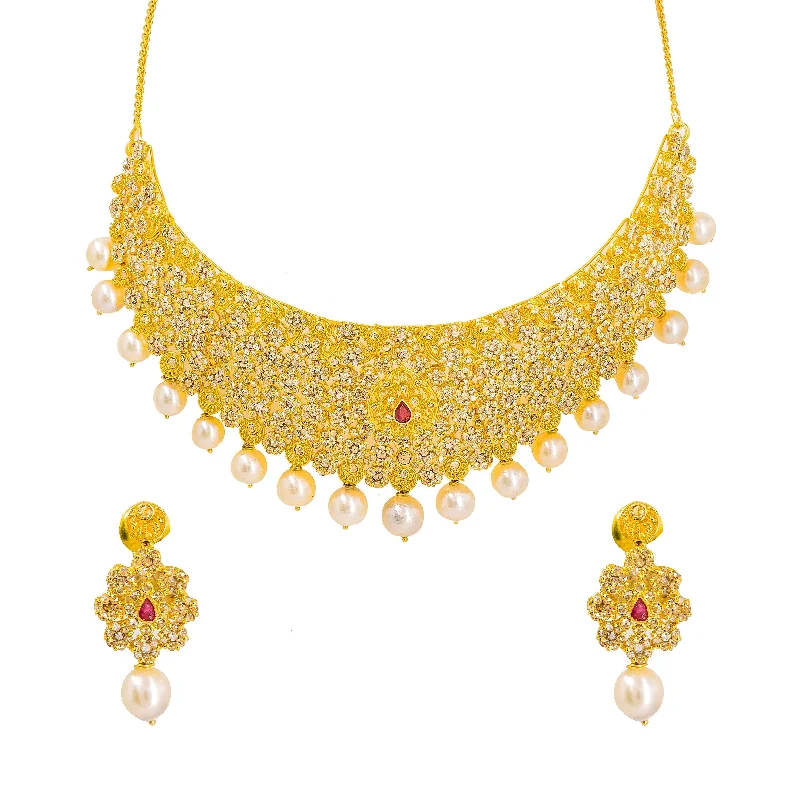 Designer Diamond Necklace-22K Yellow Gold Uncut Diamond Necklace & Earrings Set W/ Rubies, Pearls & Clustered Flowers on Choker Necklace