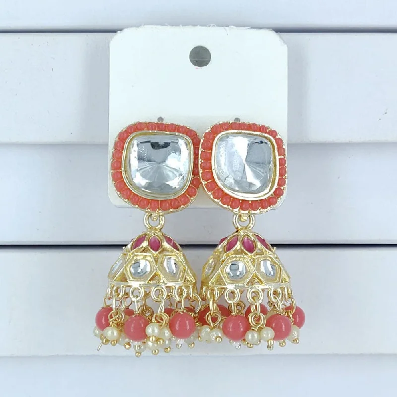 Bohemian Earrings-Corbeda Fashion Gold Plated Kundan And Beads Jhumki Earrings