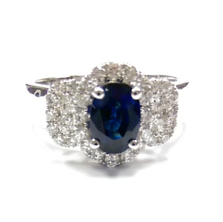 Fashion Ring for Women-5X7MM Oval Blue Sapphire and Diamond Ring in 18KT White Gold